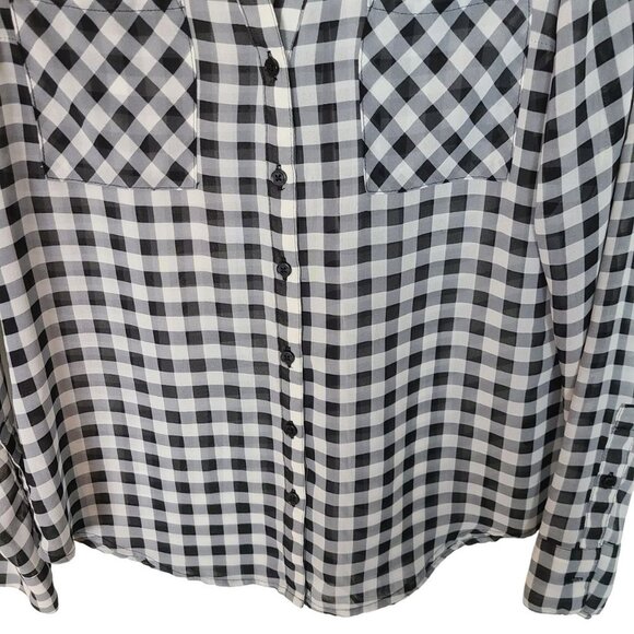Express Womens S Black White Gingham Checkered Sheer The Portofino Shirt Pockets - Picture 4 of 9